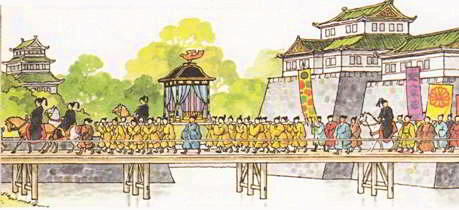торжественный въезд императора в Эдо, где он отобрал власть у сёгуна и учредил парламент в западном стиле